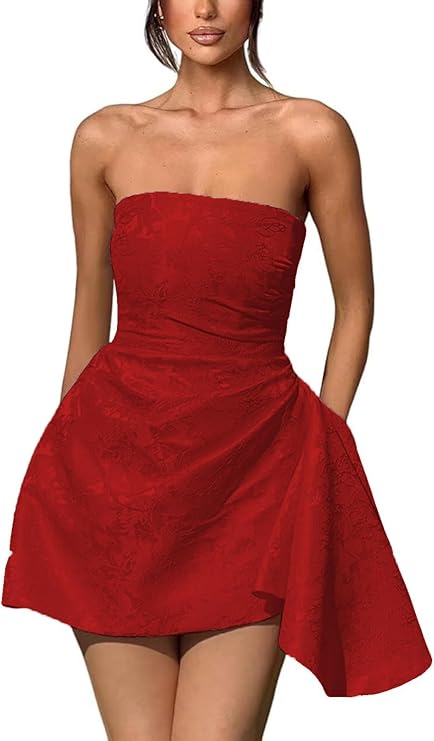 Vestido corto de fiesta de bienvenida, sin tirantes, corte en A, de satén jacquard, asimétrico, con cordones.