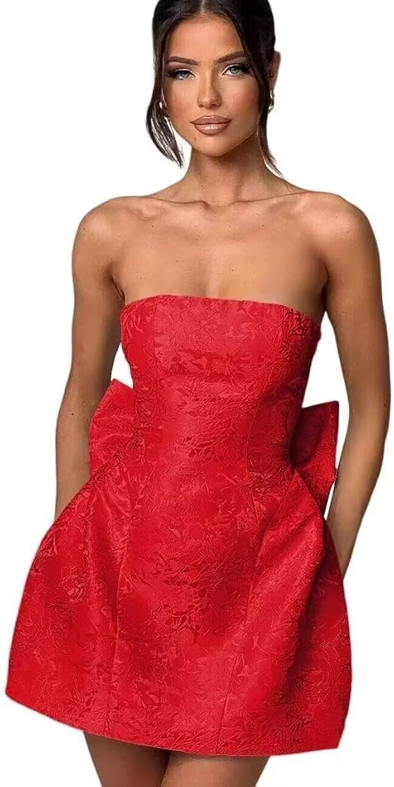 Robe de bal courte bustier sans manches en satin jacquard à lacets avec nœud