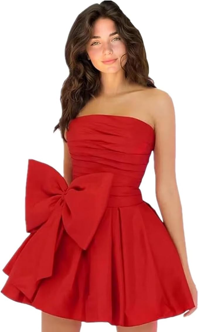 Robes de soirée courtes et chics pour le bal de promo, coupe trapèze, sans manches, bustier, froncées, lacées et ornées d'un nœud.