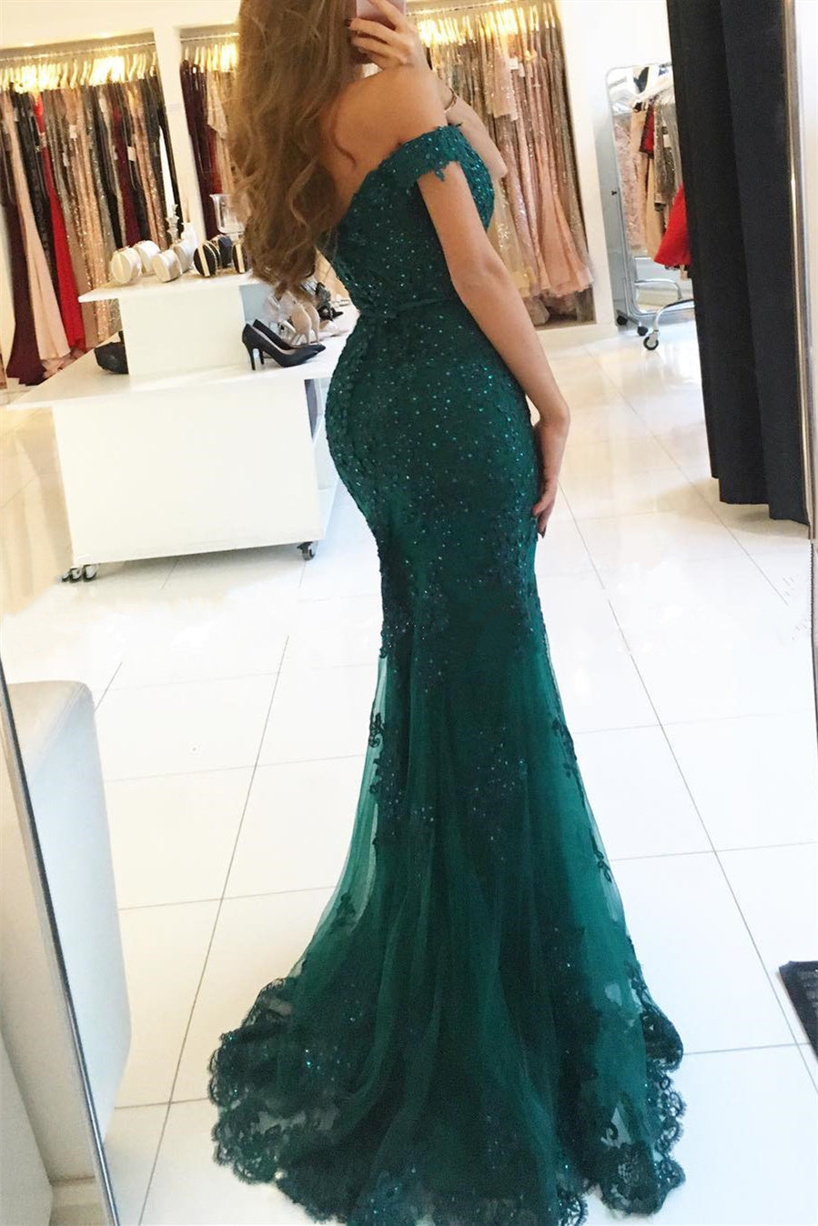 Robe de soirée longue rouge en dentelle et perles, épaules dénudées, style sirène, robe de bal