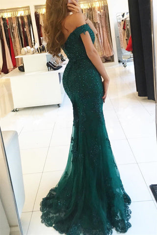 Red Long Evening Dresses Lace Beaded Off Shoulder Mermaid Prom Dresses Party Dresses