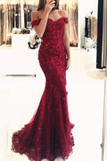 Robe de soirée longue rouge en dentelle et perles, épaules dénudées, style sirène, robe de bal