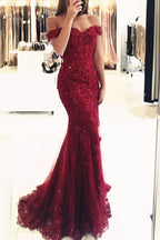 Robe de soirée longue rouge en dentelle et perles, épaules dénudées, style sirène, robe de bal