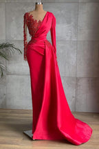 Robe de bal longue sirène rouge en satin avec manches
