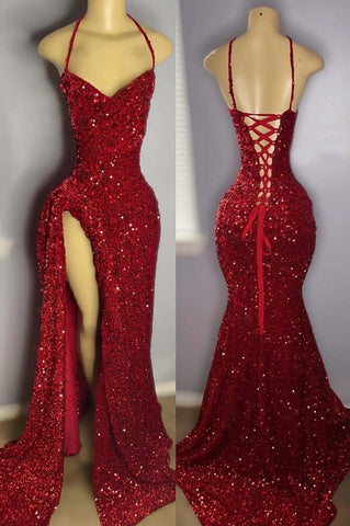 Vestido de fiesta rojo de sirena con lentejuelas y cordones