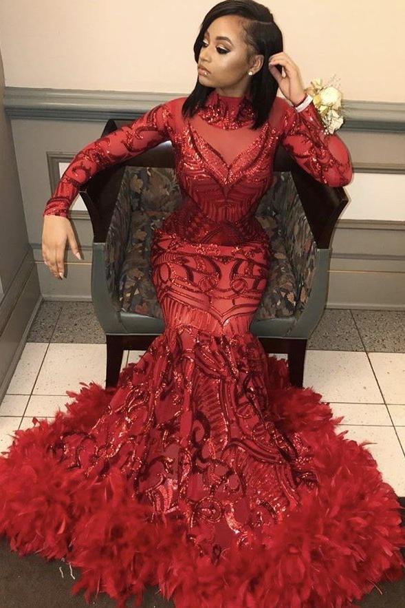 Red Mermaid Sequins Long Sleeves High-Neck Prom Dresses