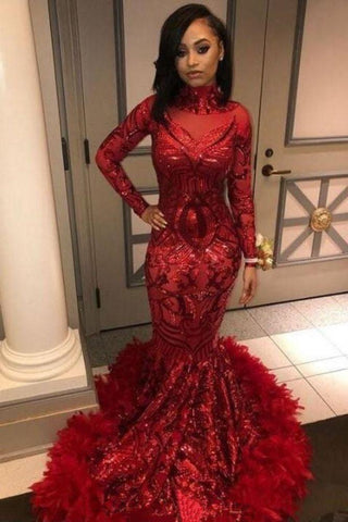 Vestidos de fiesta rojos de sirena con lentejuelas, mangas largas y cuello alto