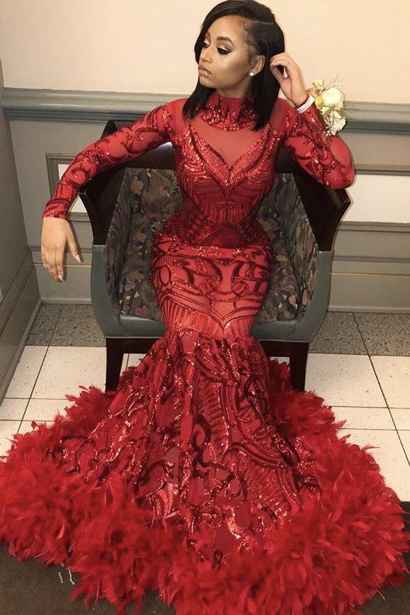 Red Mermaid Sequins Long Sleeves High-Neck Prom Dresses
