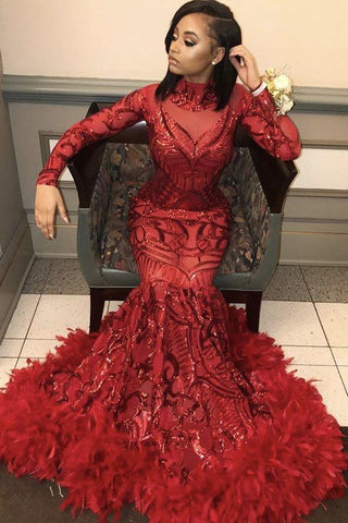 Vestidos de fiesta rojos de sirena con lentejuelas, mangas largas y cuello alto