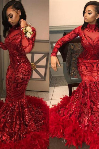 Vestidos de fiesta rojos de sirena con lentejuelas, mangas largas y cuello alto