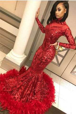 Vestidos de fiesta rojos de sirena con lentejuelas, mangas largas y cuello alto