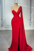 Vestidos de graduación rojos de sirena, sin mangas, con un solo hombro y volantes, de satén.
