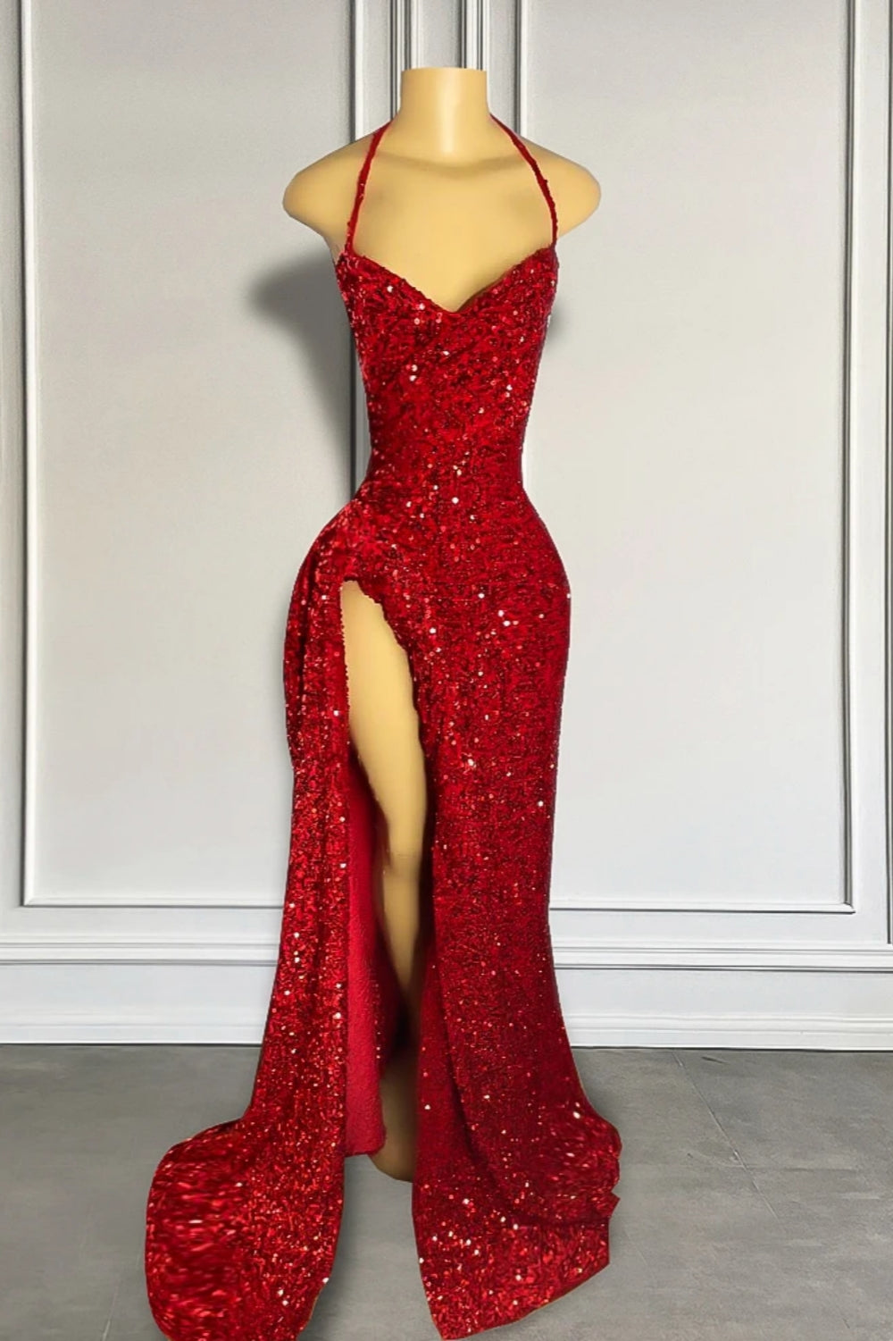 Vestido de fiesta largo hasta el suelo con lentejuelas rojas y abertura