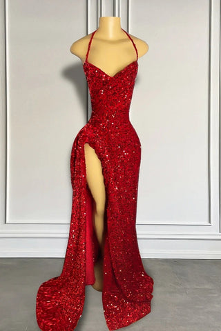Vestido de fiesta largo hasta el suelo con lentejuelas rojas y abertura
