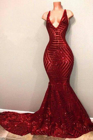 Robe de bal longue sirène à paillettes rouges brillantes et col en V