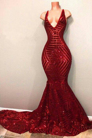 Robe de bal longue sirène à paillettes rouges brillantes et col en V