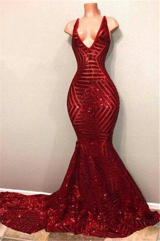 Robe de bal longue sirène à paillettes rouges brillantes et col en V