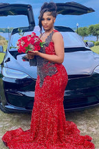 Red Sleeveless Mermaid Prom Dress with Scoop Neck Sequins and Beadings