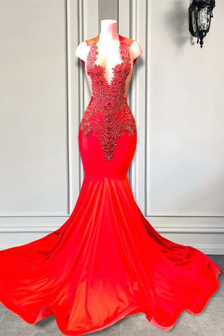 Red Sleeveless V-Neck Mermaid Prom Dresses with Beadings