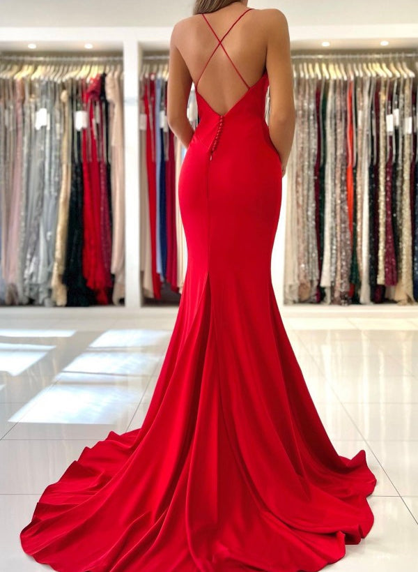 Robe de bal rouge longue sirène dos nu à col en V