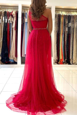Red Tulle Prom Dress Long Mermaid Appliques Evening Gown With SPlit One Shoulder