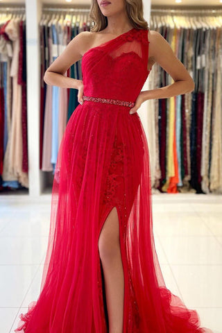 Red Tulle Prom Dress Long Mermaid Appliques Evening Gown With SPlit One Shoulder