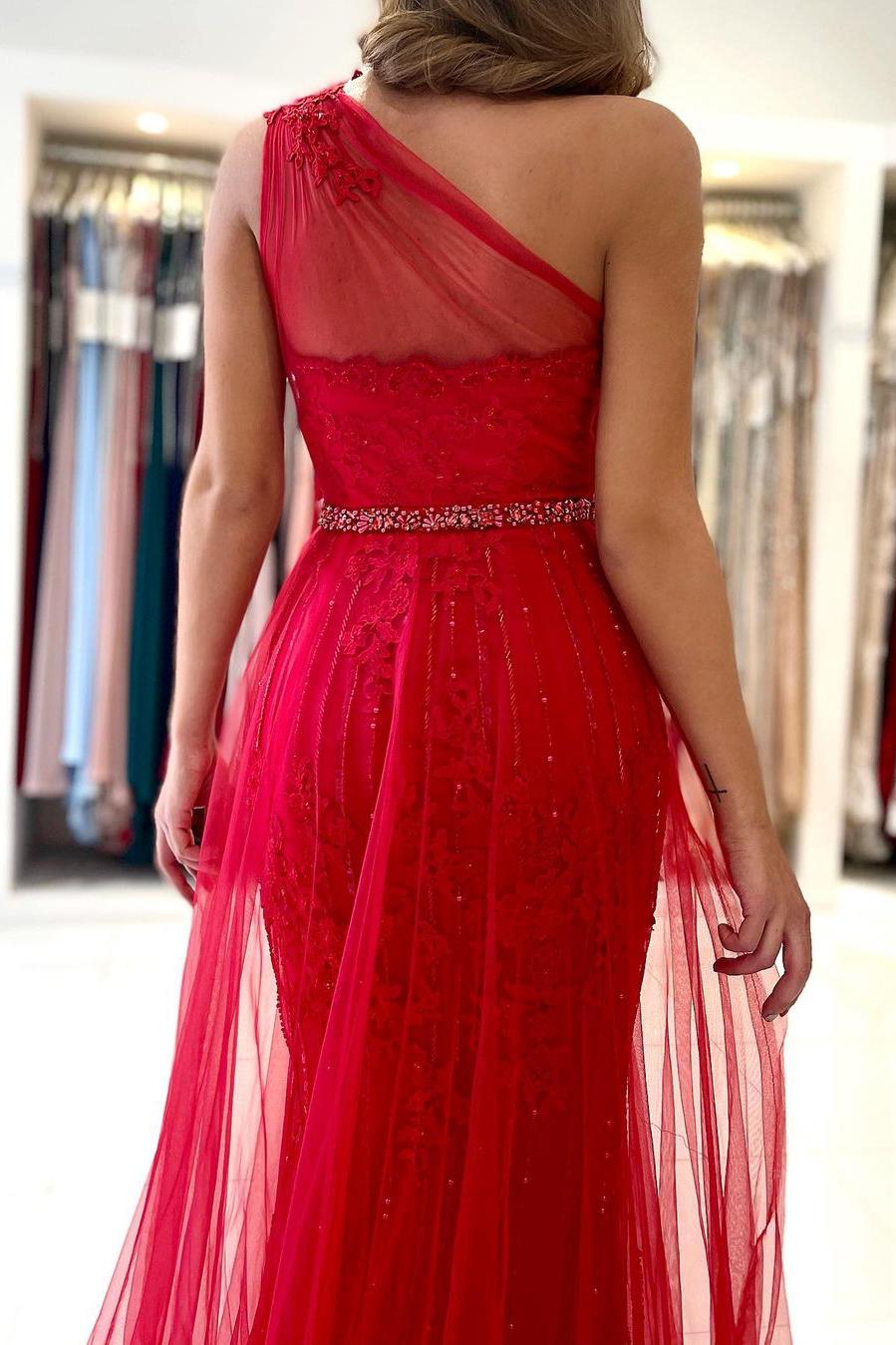 Red Tulle Prom Dress Long Mermaid Appliques Evening Gown With SPlit One Shoulder