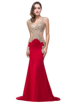 Robe de soirée rouge sirène à col en V et appliques