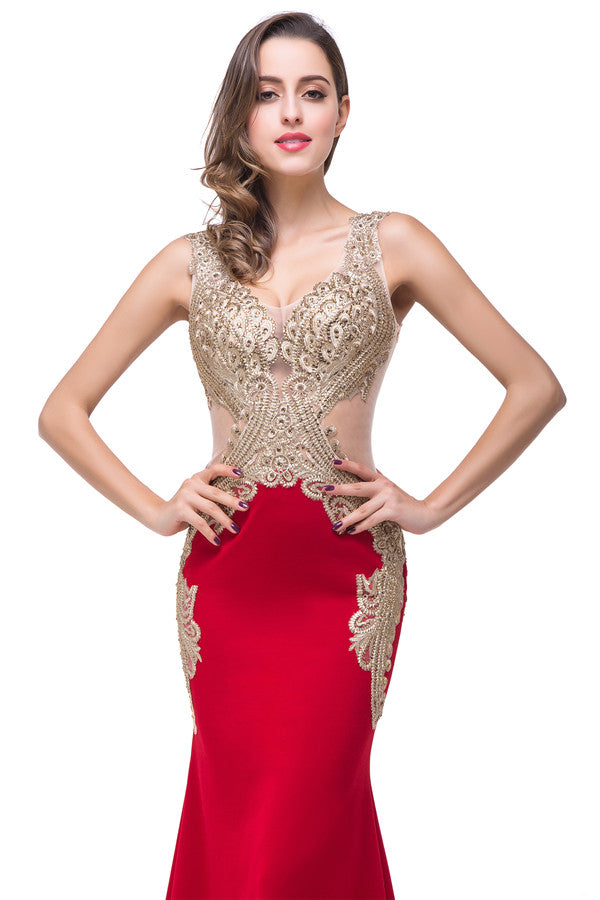 Robe de soirée rouge sirène à col en V et appliques