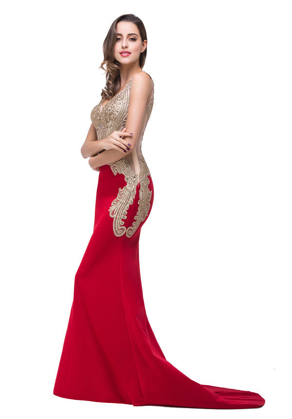 Robe de soirée rouge sirène à col en V et appliques