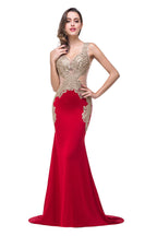 Robe de soirée rouge sirène à col en V et appliques