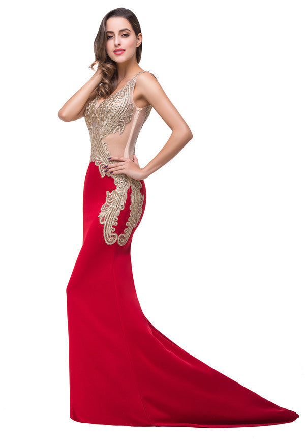 Robe de soirée rouge sirène à col en V et appliques