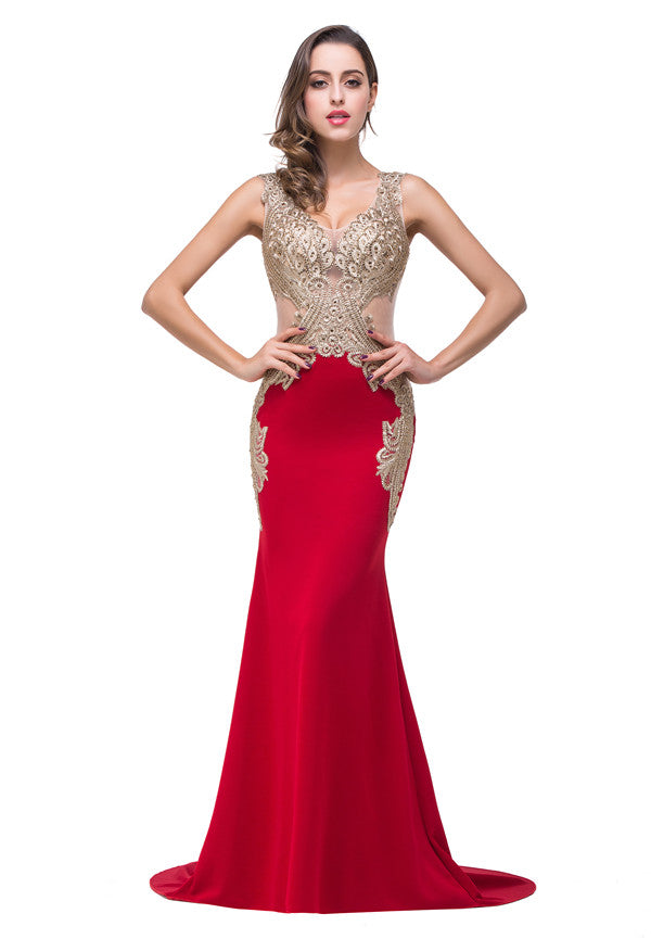 Robe de soirée rouge sirène à col en V et appliques
