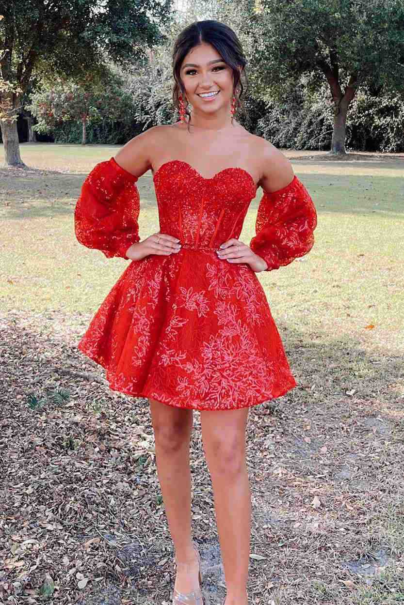 Vestido de fiesta de línea A con escote corazón, corsé y mangas