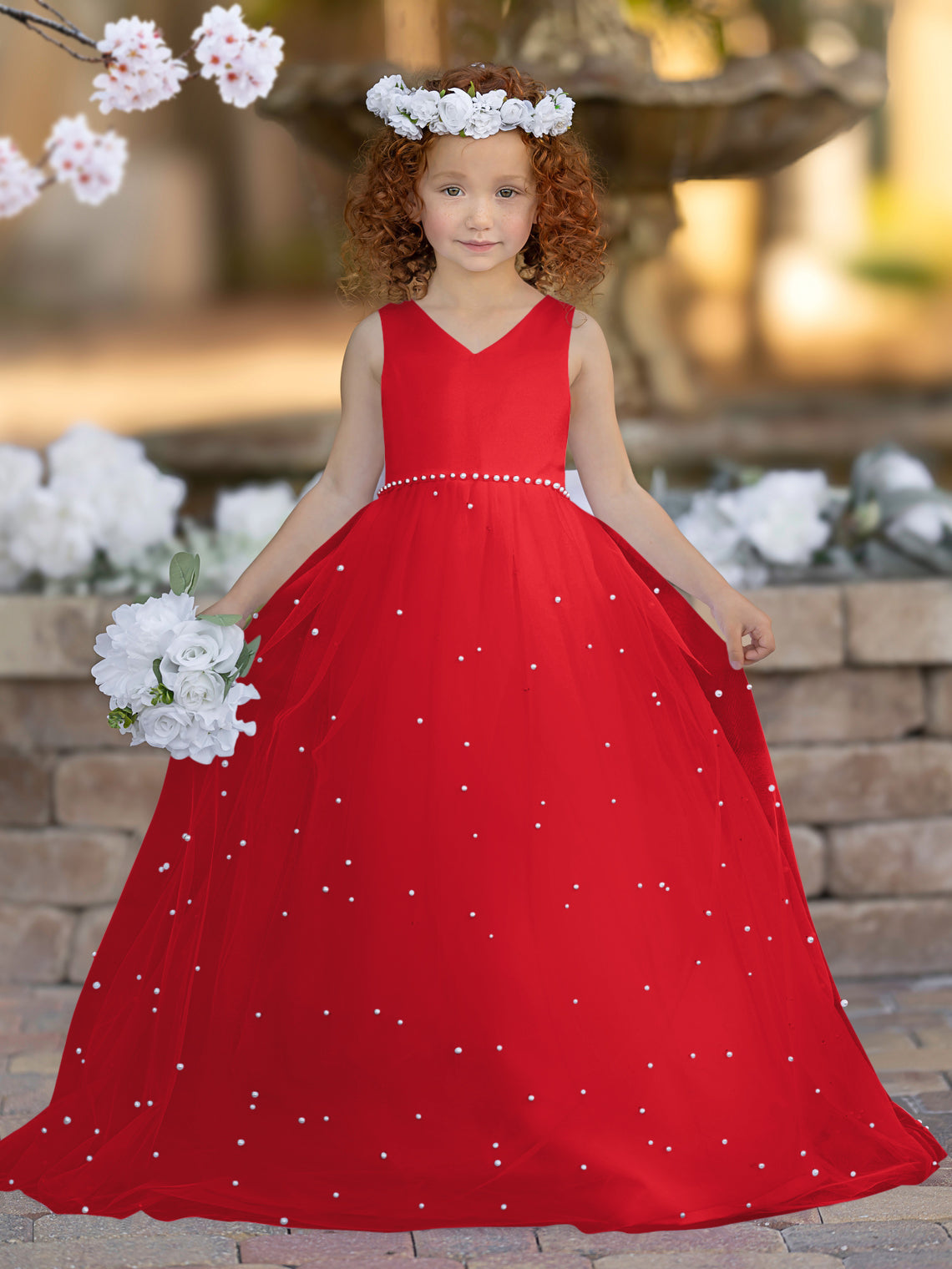Elegante vestido de princesa de satén y tul para niña de las flores 