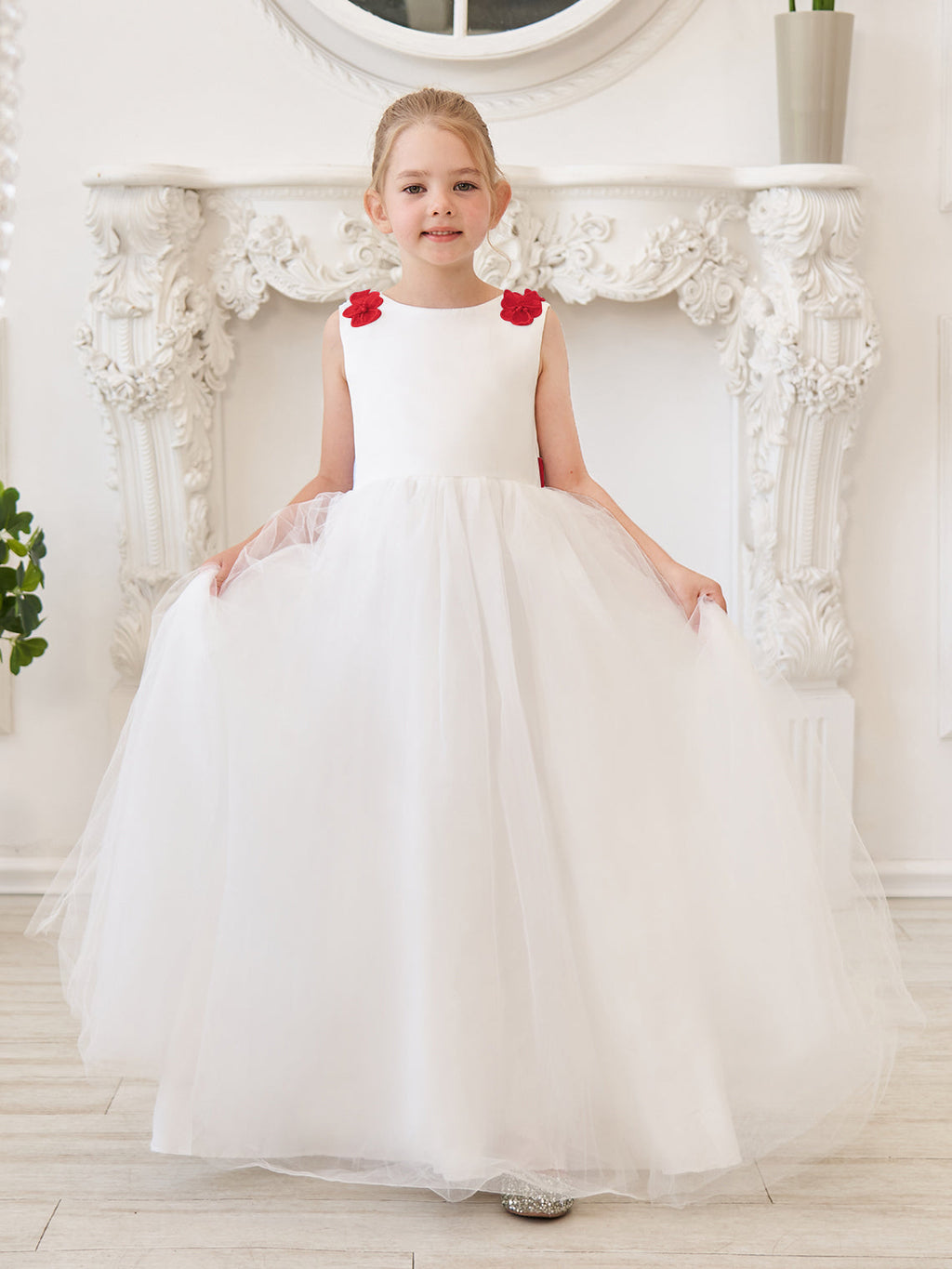 Vestido de princesa/de princesa con flores 3D de tul hasta el suelo, color marfil, para niña de las flores 