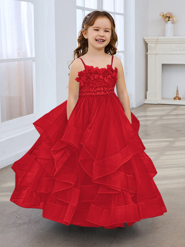 Vestido de niña de las flores de tul sin mangas, corte princesa, azul pizarra, corte en A, estilo princesa 