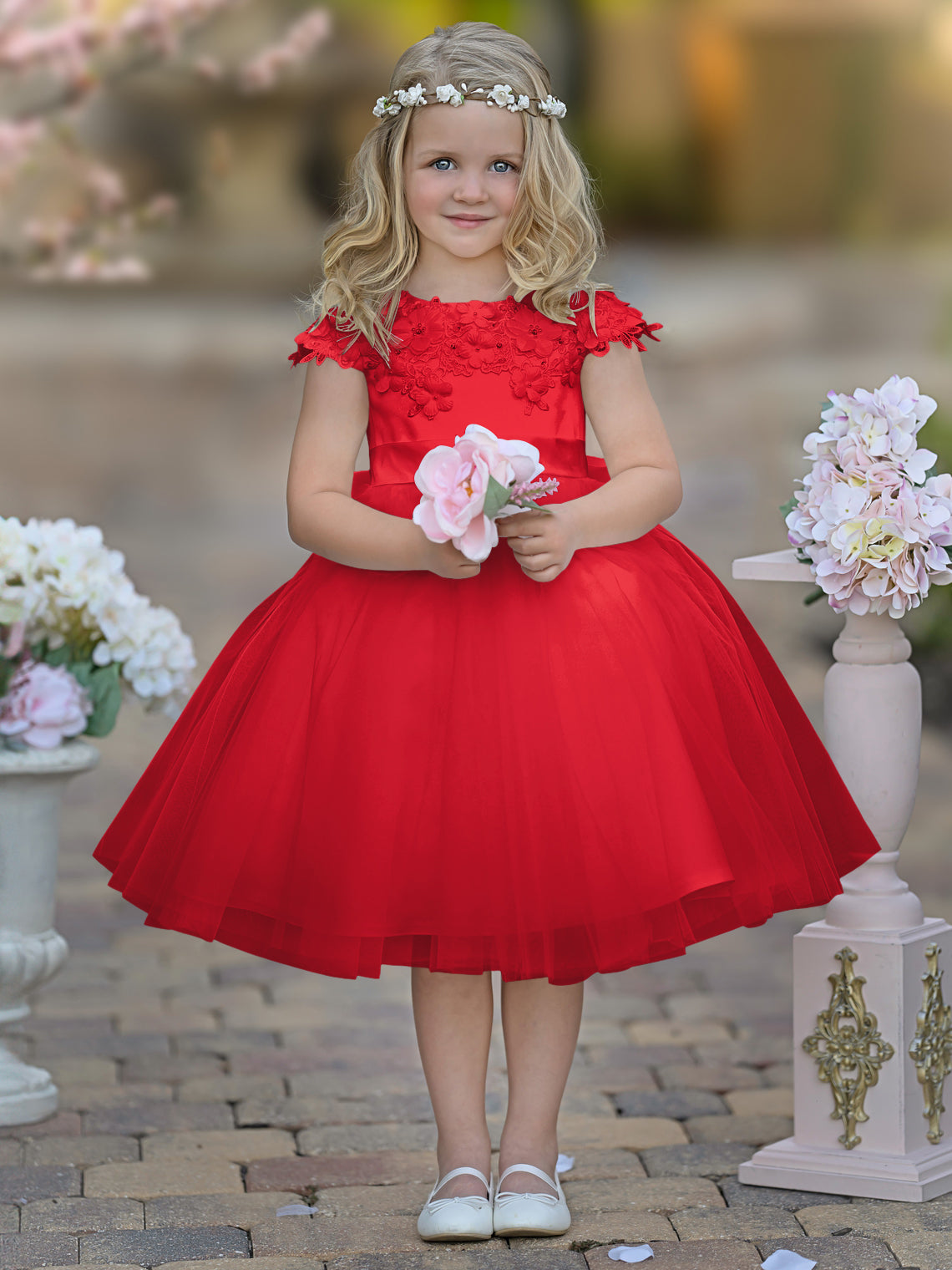 Vestido de niña de las flores de la Primera Comunión, color marfil, de tul satinado hasta la rodilla 