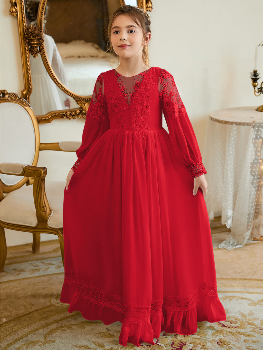 Vestido de Primera Comunión color marfil, corte en A, de gasa hasta el suelo 
