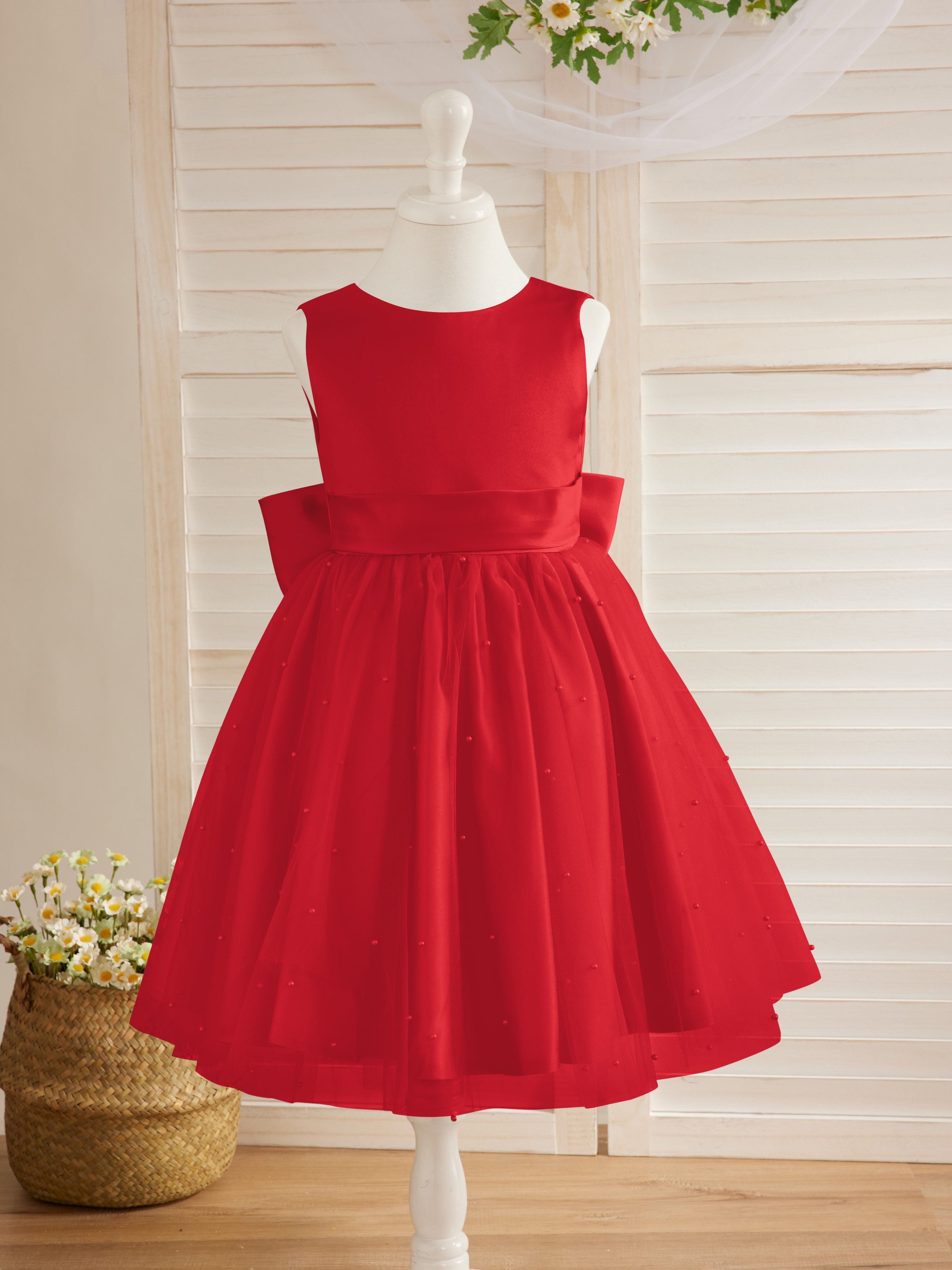 Vestido de princesa/vestido de princesa de satén y tul hasta la rodilla para niña de las flores 