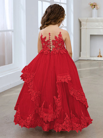 Robe de princesse sans manches en tulle avec applications de dentelle et traîne pour filles 