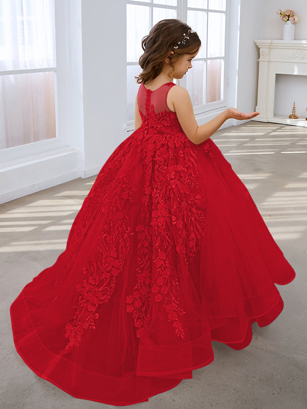 Vestido de princesa rosa para niñas con apliques de encaje 