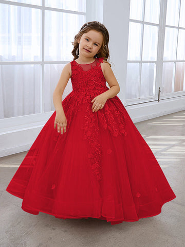 Vestido de princesa rosa para niñas con apliques de encaje 