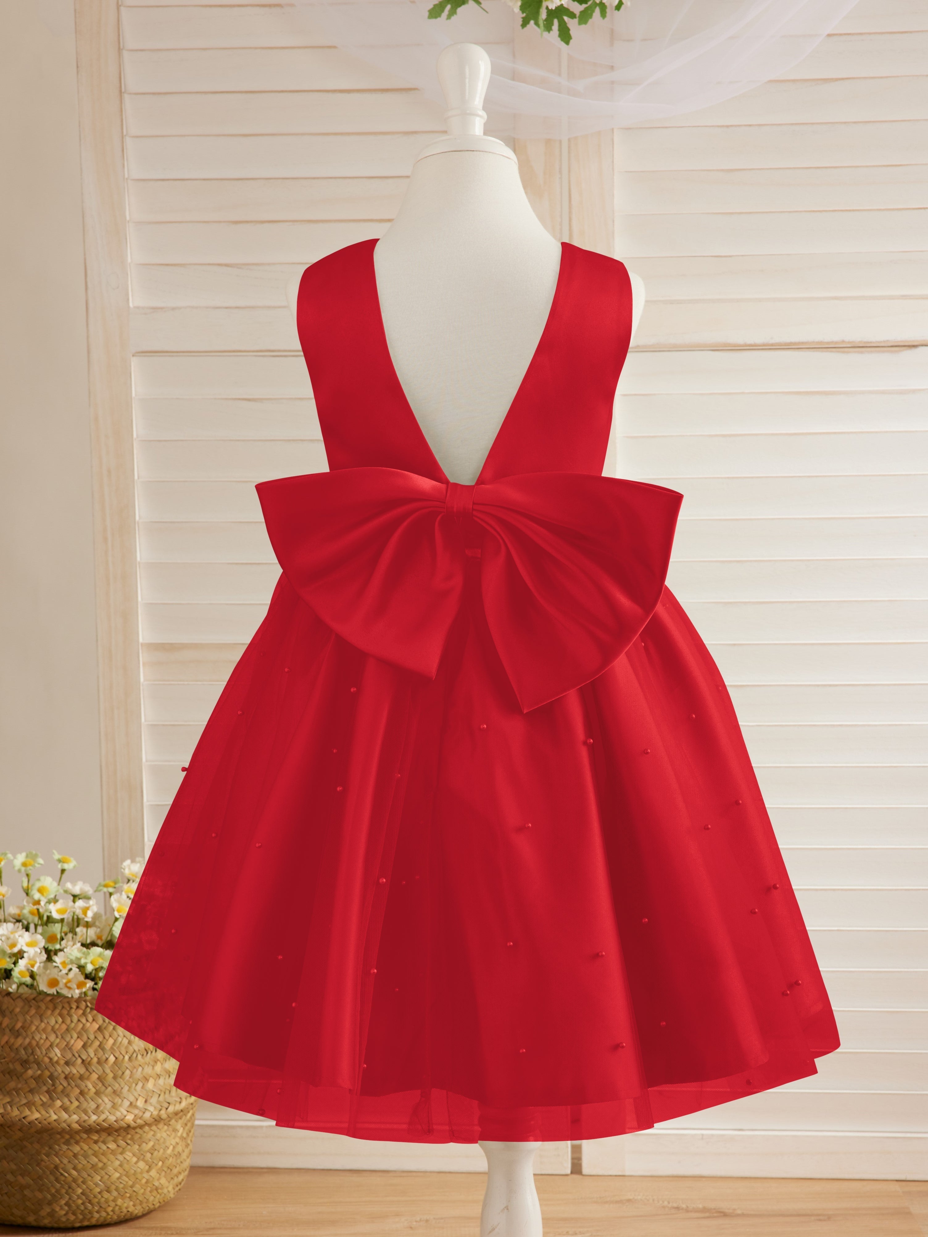 Vestido de princesa/vestido de princesa de satén y tul hasta la rodilla para niña de las flores 