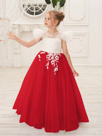 Vestido de niña de las flores con cola de tul y encaje desmontable 