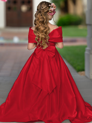 Elegante vestido de princesa de satén marfil con cola y lazo para niñas de las flores 