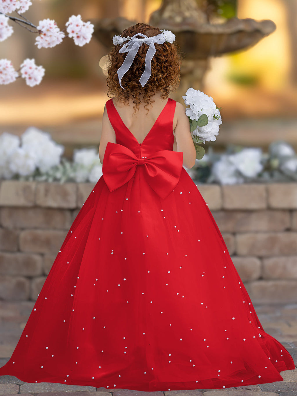 Elegante vestido de princesa de satén y tul para niña de las flores 