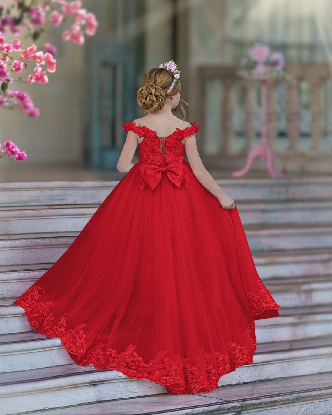Vestido de gala/princesa rosa con cola de encaje para cumpleaños 