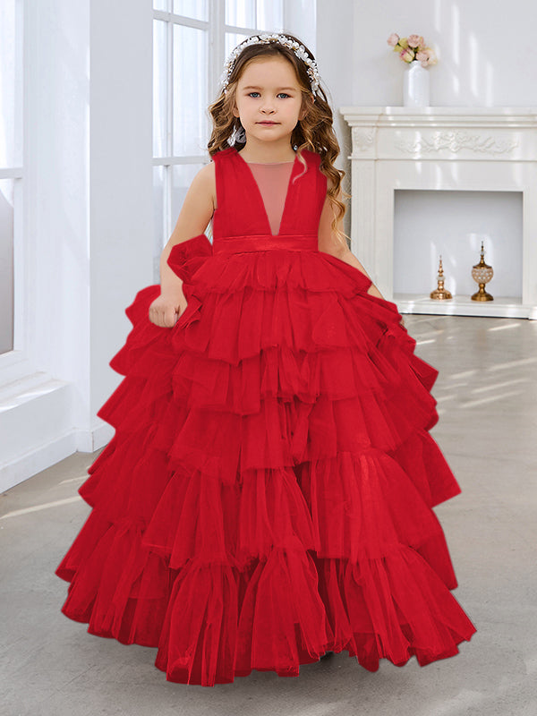 Vestido de princesa rosa perla sin mangas para niña de las flores con lazo de tul 