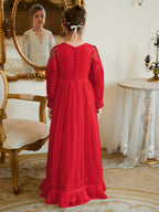 Vestido de Primera Comunión color marfil, corte en A, de gasa hasta el suelo 